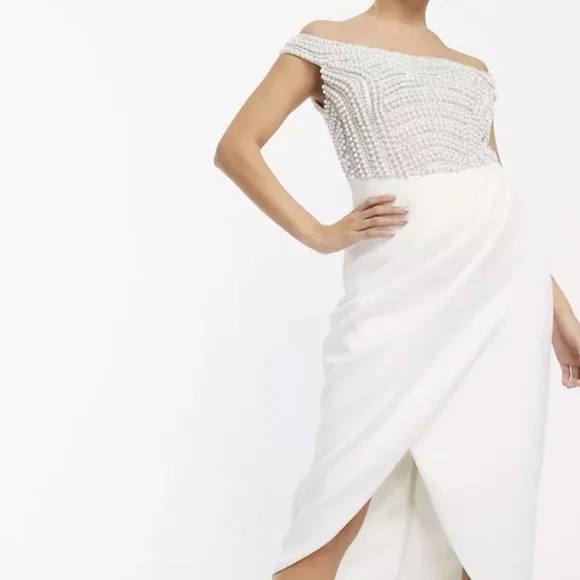 asos white off the shoulder dress ASOS DESIGN satin off shoulder mini wedding dress in ivory